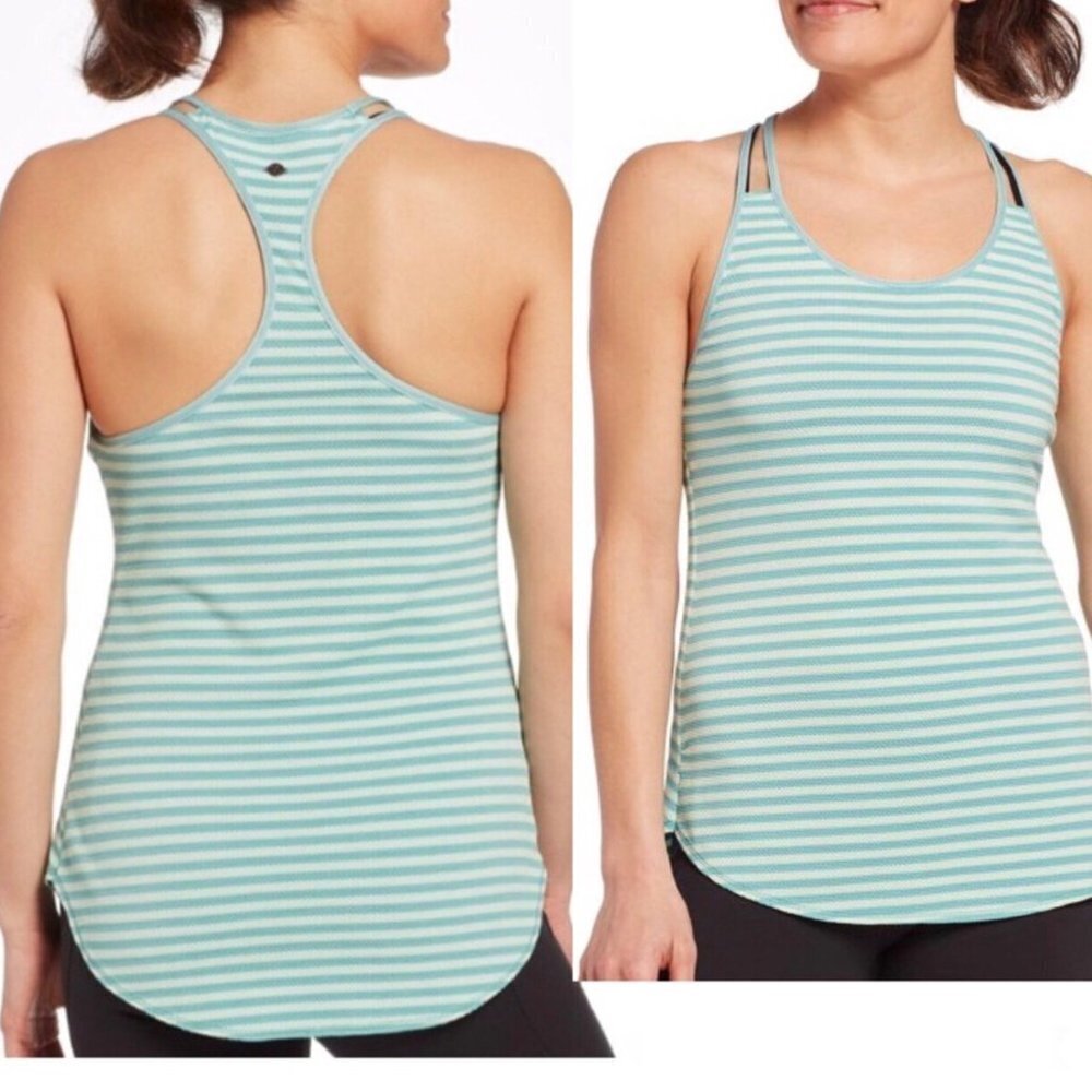 Calia Womens Aqua And White Striped Sleeveless Tank Top Size 14 Inch Pit To Pit
